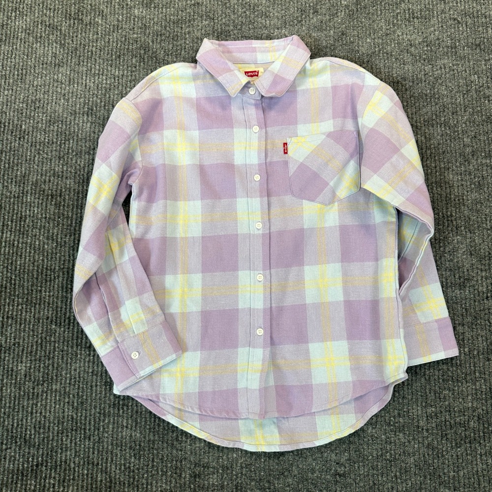 Levi's Girls Plaid Flannel Shirt Size S 7/8 Purple Yellow Cotton Button Down